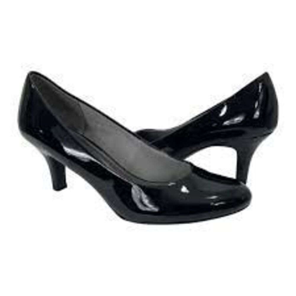 Life Stride Sz 10 Round Toe Kitten Heels Black Patent Glossy Soft System Comfort